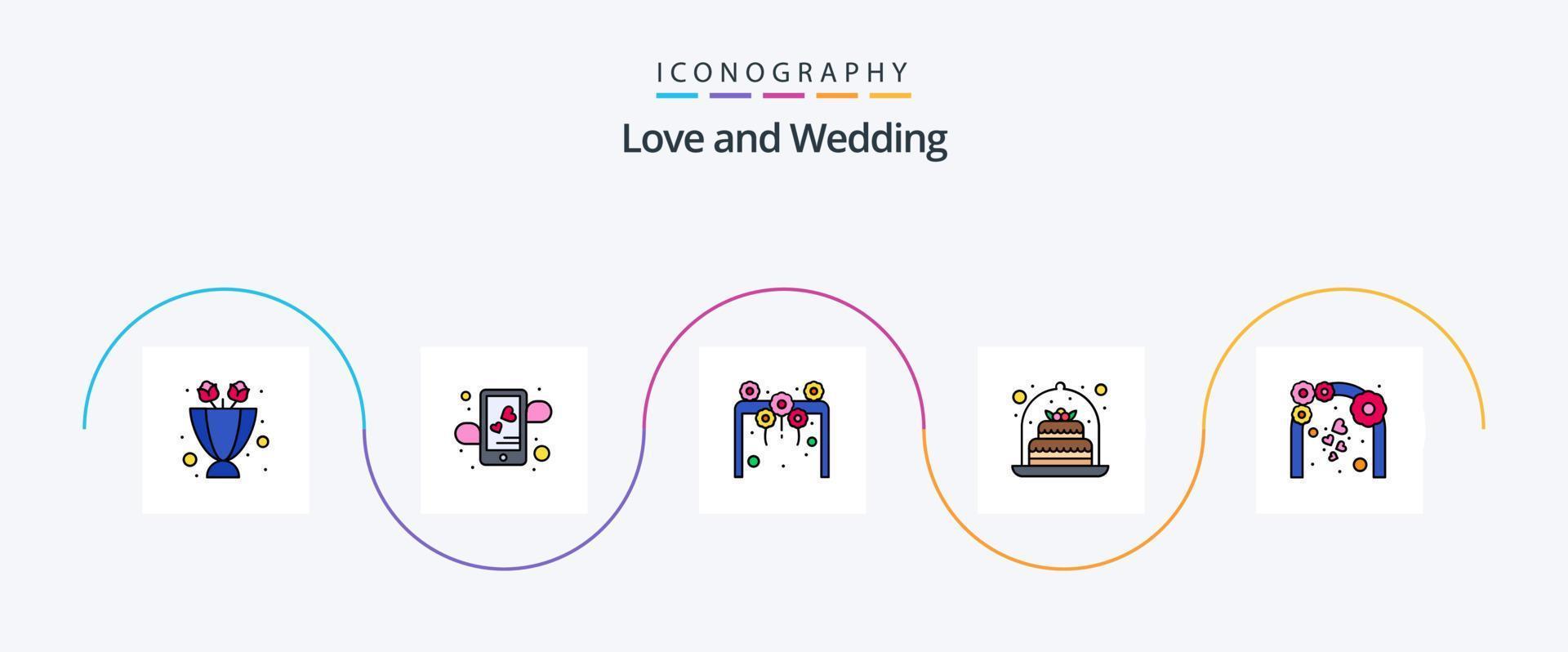 linha de casamento cheia de pacote de 5 ícones planos, incluindo arco. presente. Entrada. Presente. flores vetor