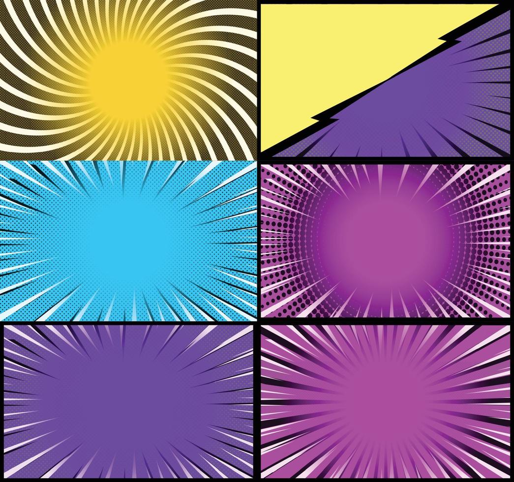 fundo de quadros coloridos de quadrinhos com raios de meio-tom radial e efeitos pontilhados estilo pop art vetor