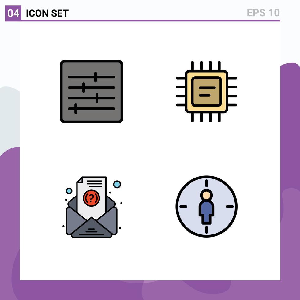 conjunto de pictogramas de 4 cores planas de linha preenchida simples de controle homem cpu e-mail objetivo elementos de design de vetores editáveis