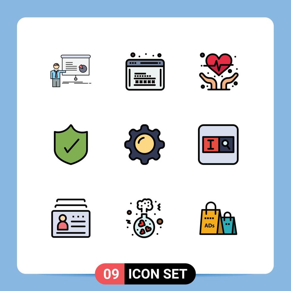 conjunto de cores planas de linha preenchida de interface móvel de 9 pictogramas de exibição de segurança na web proteção de saúde do coração elementos de design de vetores editáveis