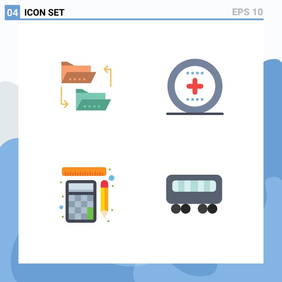 pacote de interface do usuário de 4 ícones planos básicos de medição de pasta, compartilhamento de arquivos, réguas de mídia, elementos de design vetorial editáveis vetor