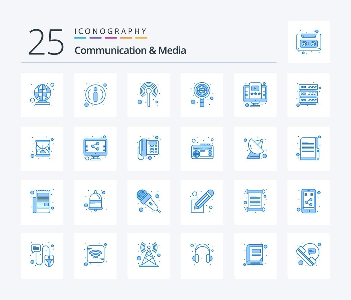 comunicação e mídia pacote de ícones de 25 cores azuis, incluindo vídeo. globo. comunicação. procurar. o negócio vetor