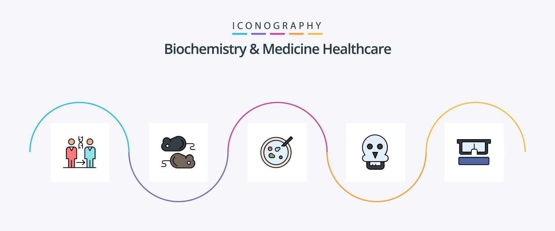 linha de saúde de bioquímica e medicina preenchida com 5 ícones planos, incluindo virtual. médico. teste de fechamento. crânio da morte. médico vetor