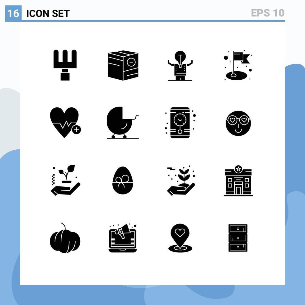 pacote de interface do usuário de 16 glifos sólidos básicos de elementos de design de vetores editáveis de sucesso de melhoria médica de batida