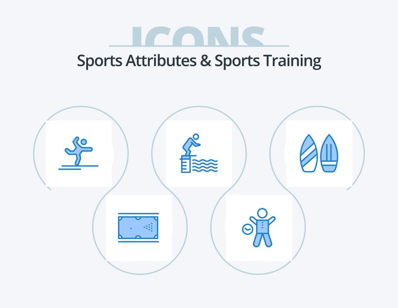 atributos esportivos e design de ícone azul do pacote de 5 ícones de treinamento esportivo. piscina. pular. saúde. mergulhando. realizando vetor