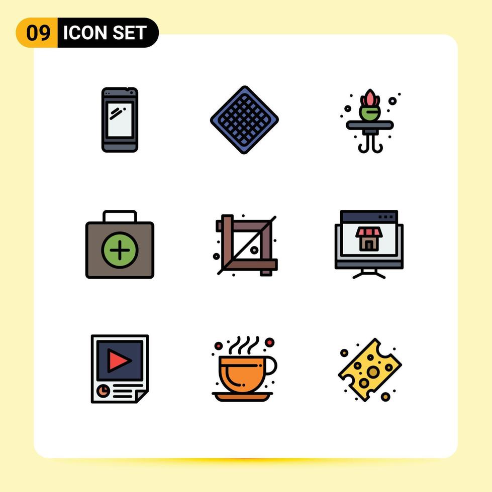 pacote de interface do usuário de 9 cores planas básicas de linhas preenchidas de mala de ferramenta de corte waffle maleta médica elementos de design de vetores editáveis