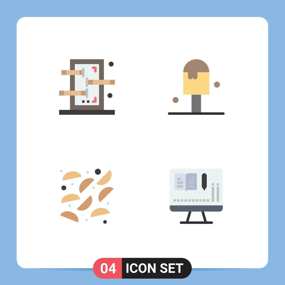 pacote de linha vetorial editável de 4 ícones planos simples de caixa frita show sorvete monitor elementos de design vetorial editável vetor