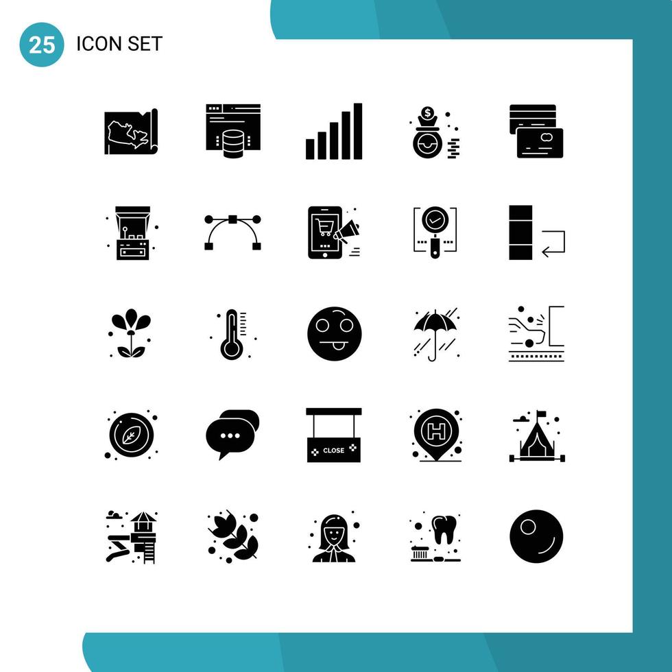 conjunto de glifos sólidos de interface móvel de 25 pictogramas de máquinas de arcade, crédito, cartões telefônicos, dinheiro, elementos de design vetorial editáveis vetor