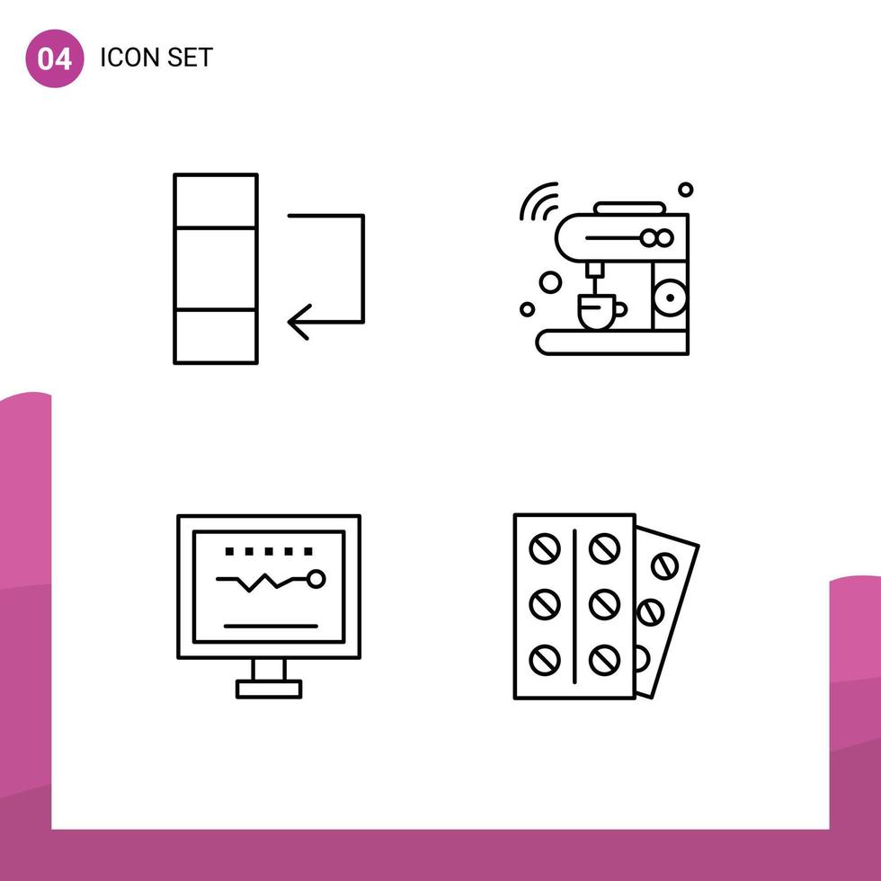 4 ícones criativos, sinais e símbolos modernos de cardiologia de coluna, máquina de café, batimentos cardíacos, elementos de design vetorial editáveis vetor