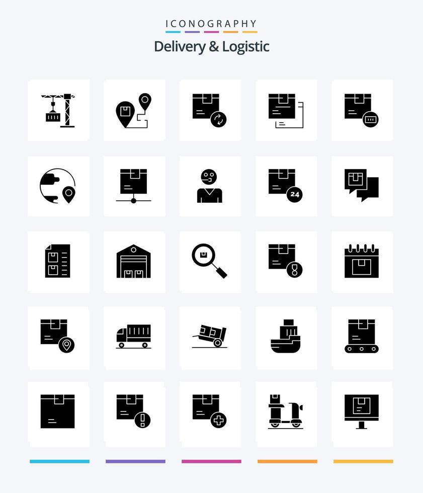 entrega criativa e pacote logístico de ícones pretos sólidos de 25 glifos, como mercadorias. caixa. mapa. envio. produtos vetor