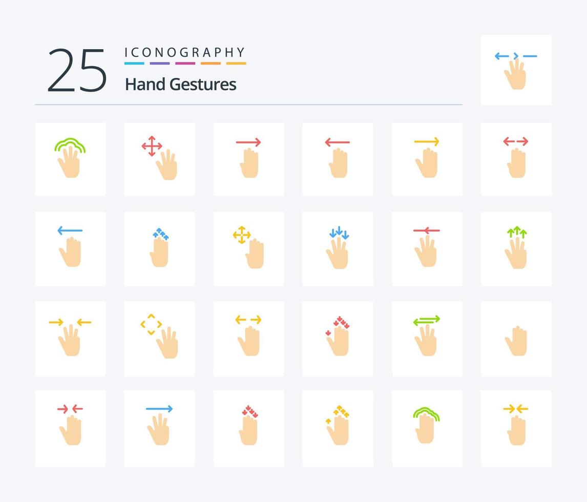 gestos de mão 25 pacote de ícones de cores planas, incluindo mão. gesto. aguarde. quatro. direita vetor