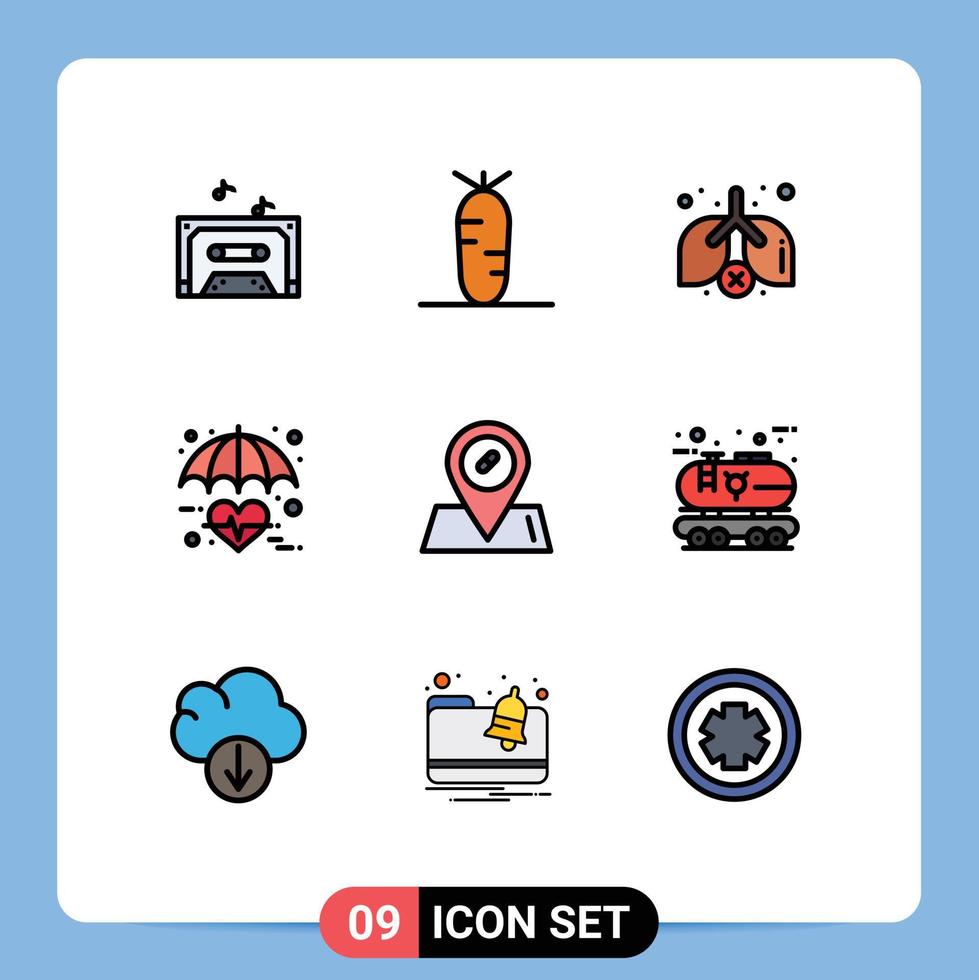 pacote de interface do usuário de 9 cores planas básicas de linhas preenchidas de elementos de design vetorial editáveis de resíduos de cuidados médicos de localização ecológica vetor