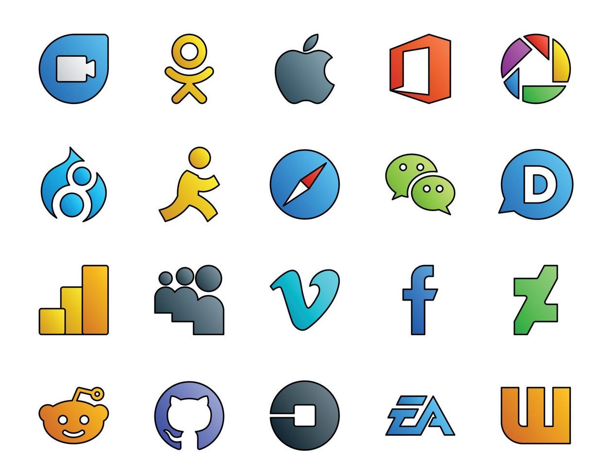 20 pacotes de ícones de mídia social, incluindo navegador de vídeo deviantart vimeo google analytics vetor