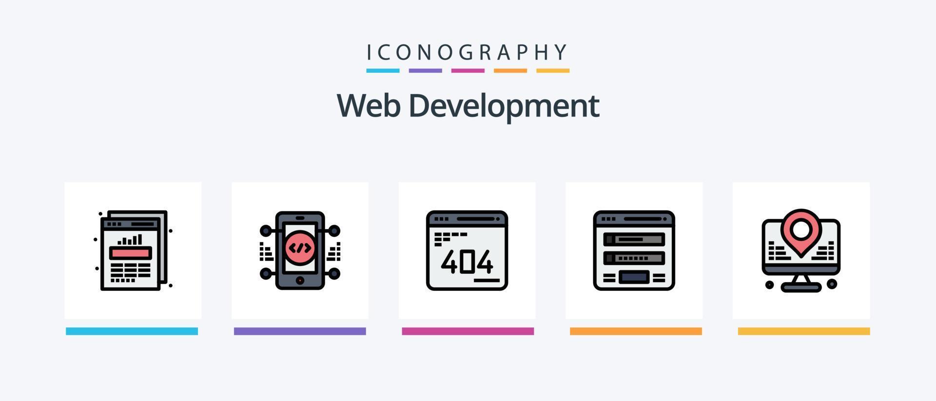 linha de desenvolvimento web cheia de 5 ícones incluindo programação. com. desenvolve. código. local na rede Internet. design de ícones criativos vetor