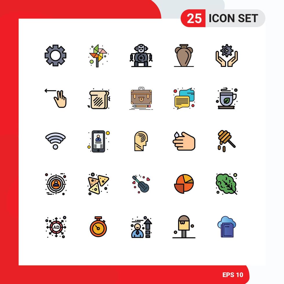 pacote de interface do usuário de 25 cores planas de linha preenchida básica de segurar a tecnologia cog mãos nação elementos de design de vetores editáveis