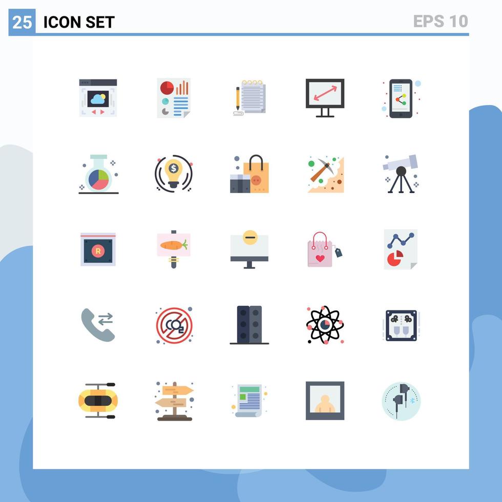 Pacote de cores planas de 25 interfaces de usuário de sinais e símbolos modernos de compartilhar elementos de design de vetores editáveis diagonal de bloco de notas de compartilhamento móvel