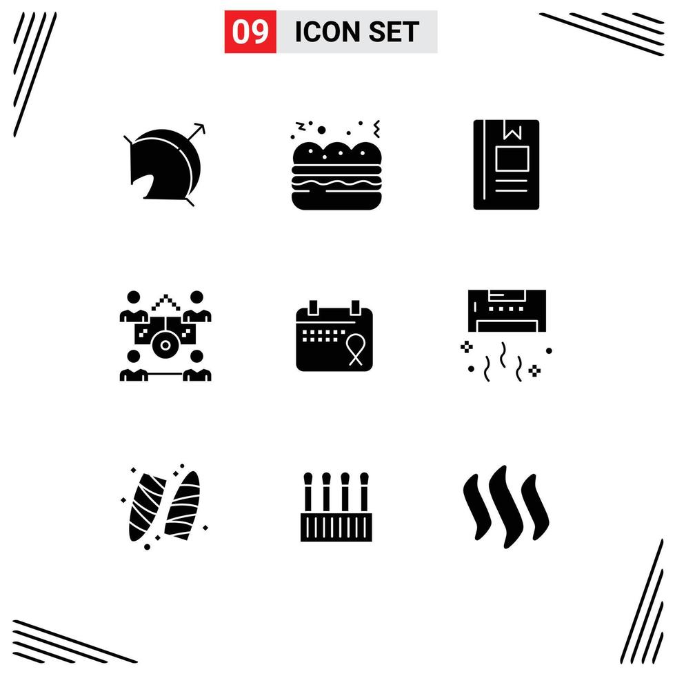 grupo de símbolos de ícones universais de 9 glifos sólidos modernos de calendário, pessoas, livro, rede, leitura, elementos de design de vetores editáveis