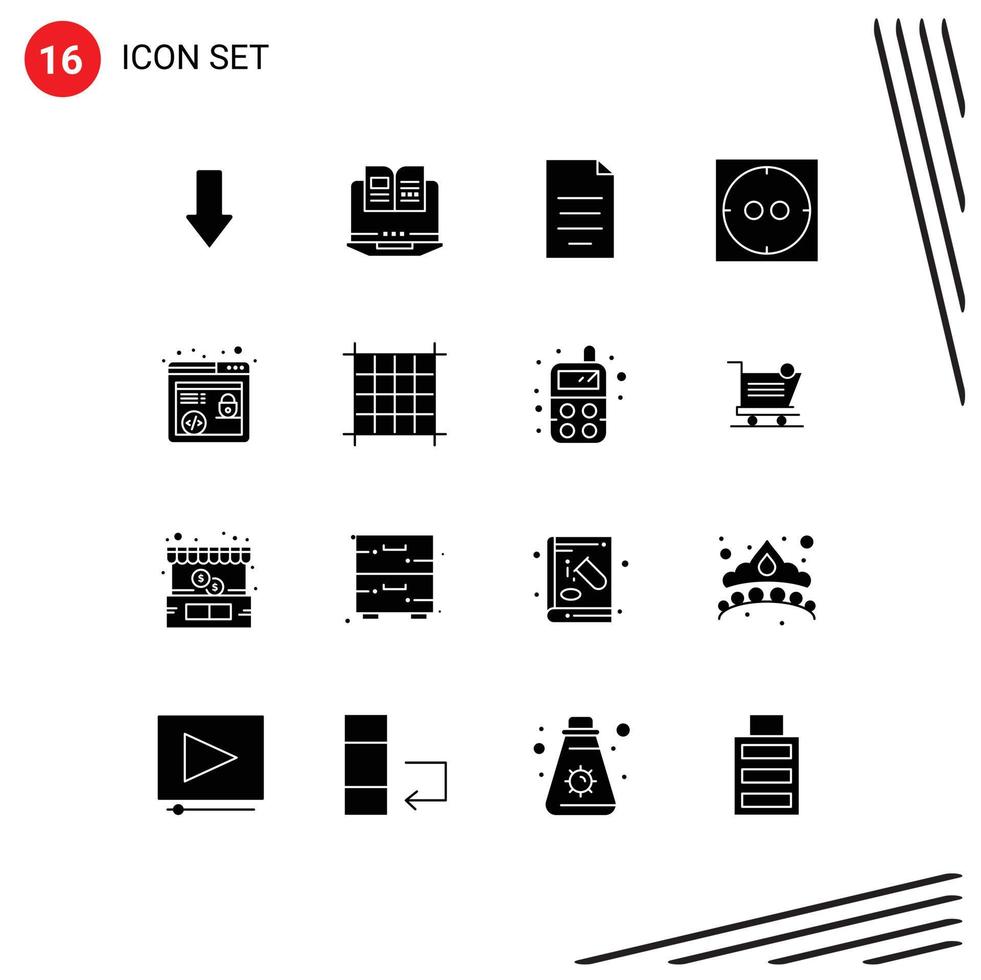 conjunto de glifos sólidos de interface móvel de 16 pictogramas de navegador seo http documento soquete dinheiro editável elementos de design vetorial vetor