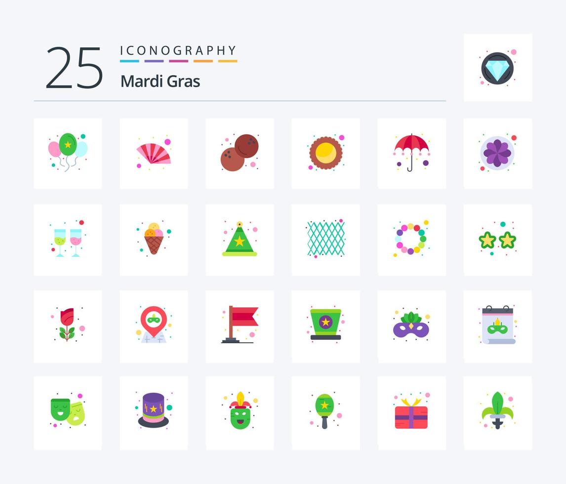 Mardi Gras 25 pacote de ícones de cores planas, incluindo guarda-chuva. gras. coco. colorida. lua vetor