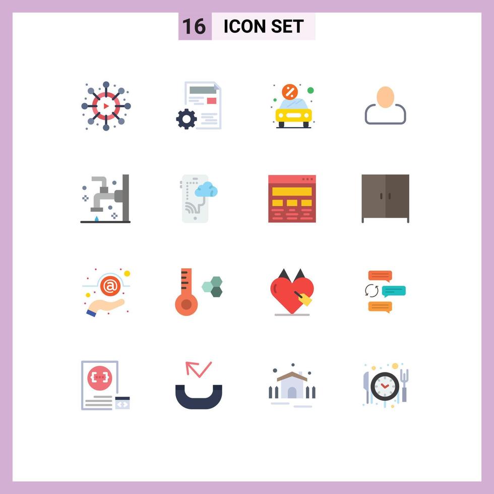 conjunto moderno de 16 cores planas e símbolos, como pacote editável de aluguel de carro de usuário de banheiro de elementos de design de vetores criativos
