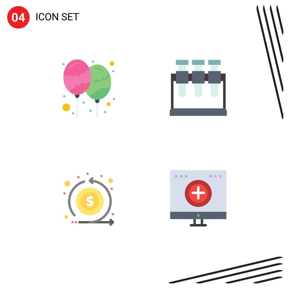 pacote de ícones planos de 4 símbolos universais de elementos de design de vetores editáveis de retorno de laboratório de festa de fluxo de balão