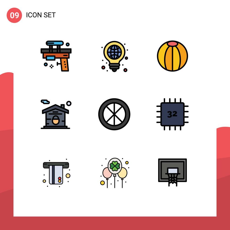 conjunto de 9 sinais de símbolos de ícones de interface do usuário modernos para imóveis, luz de casa, bola de praia, elementos de design de vetores editáveis