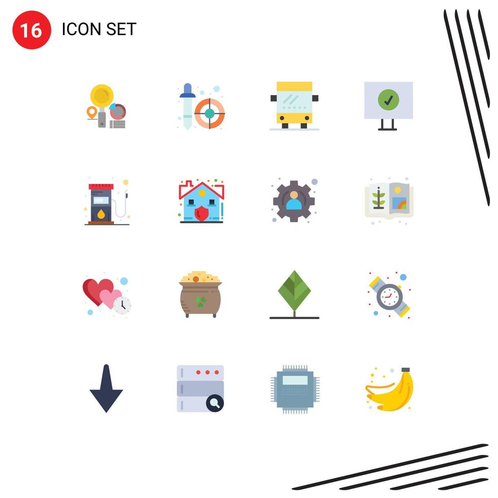 Pacote de cores planas de 16 interfaces de usuário de sinais e símbolos modernos de combustível a gás para ônibus pacote editável de elementos de design de vetores criativos