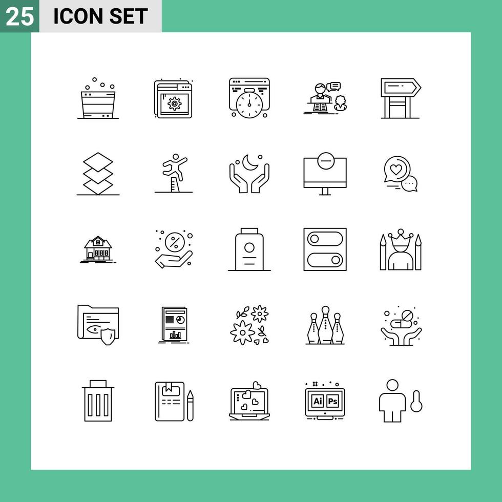 conjunto de 25 sinais de símbolos de ícones de interface do usuário modernos para desenvolvimento de suporte de placa, contato, bate-papo, elementos de design de vetores editáveis