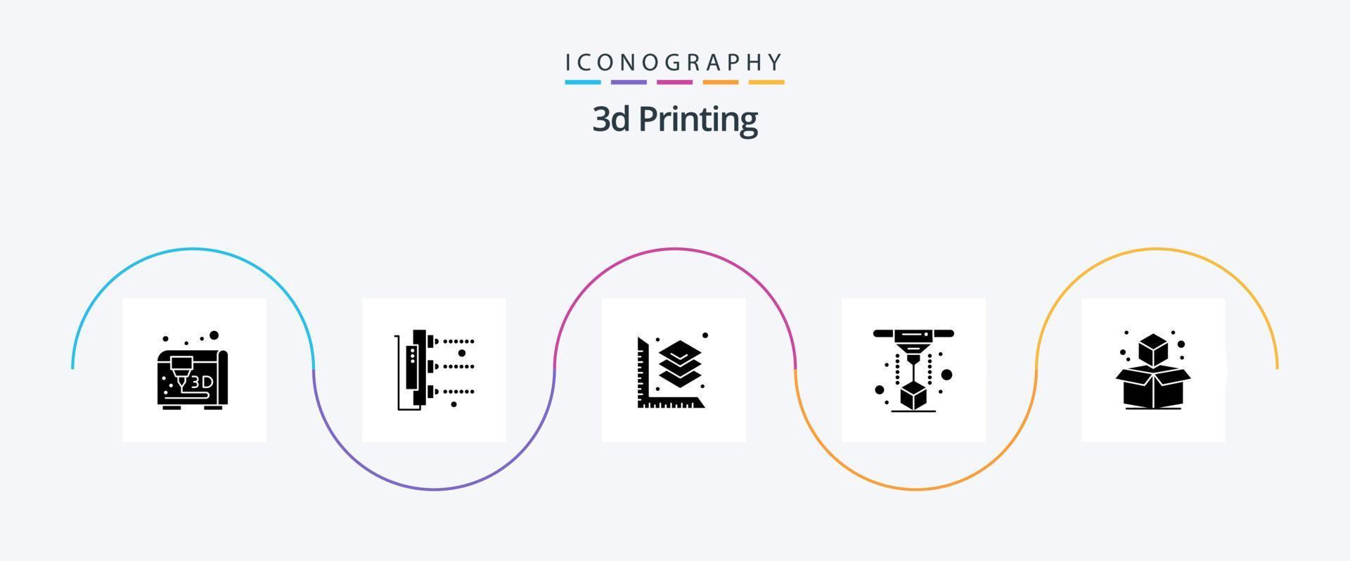 Pacote de ícones de glifo 5 de impressão 3D, incluindo cubo. laser. escalado. impressão. modelagem vetor