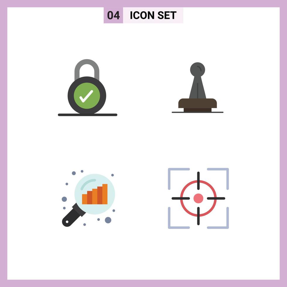 conjunto de pictogramas de 4 ícones planos simples de selo de bloqueio análise de gráfico legal elementos de design de vetores editáveis