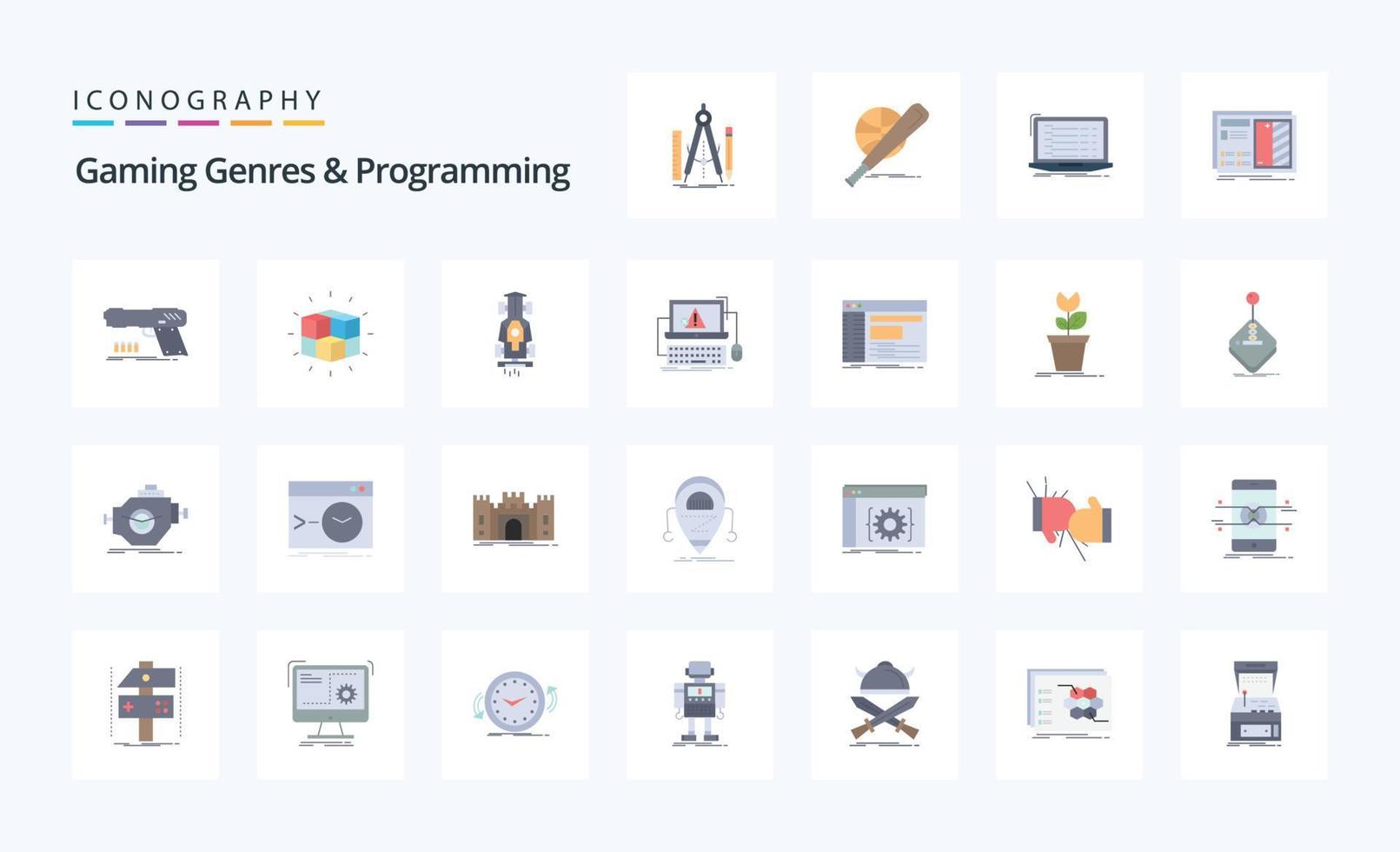 25 gêneros de jogos e pacote de ícones de cores planas de programação vetor