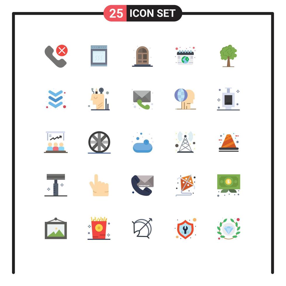 Pacote de cores planas de 25 interfaces de usuário de sinais e símbolos modernos de proteção ambiental de plantas, calendário de ecologia de culinária, elementos de design de vetores editáveis