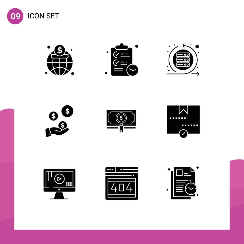 conjunto de 9 símbolos de símbolos de interface do usuário modernos para dinheiro dólar servidor de mão ágil elementos de design de vetores editáveis
