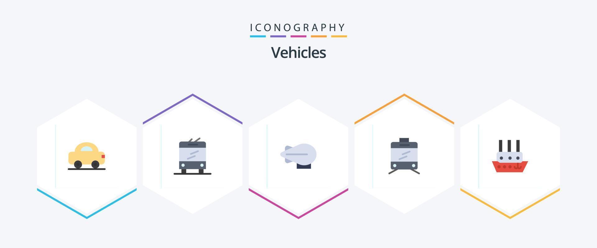 veículos 25 pacote de ícones planos, incluindo . . zepelim. navio. barco a vapor vetor
