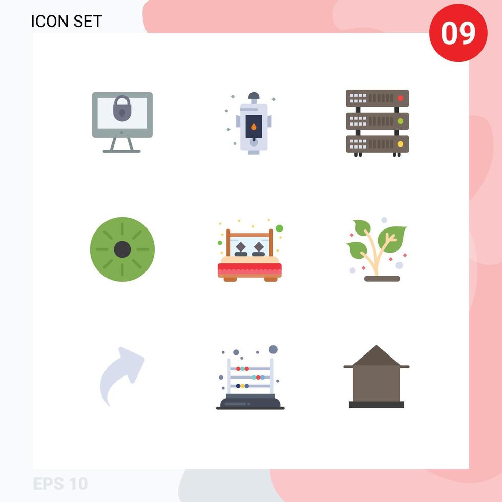 9 pacote de cores planas de interface de usuário de sinais e símbolos modernos de comida de fogo interior de kiwi de cama hospedando elementos de design de vetores editáveis