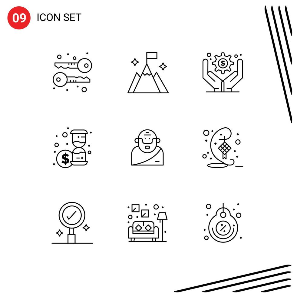 pacote de ícones vetoriais de estoque de 9 sinais e símbolos de linha para decoração, mitologia, gerenciamento de negócios, tempo grego, elementos de design de vetores editáveis