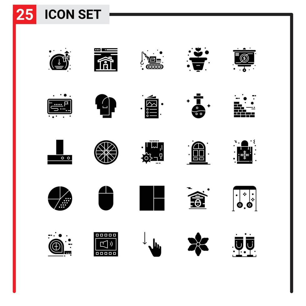 25 conceito de glifo sólido para sites móveis e aplicativos, estratégia de dinheiro, escavadeira, apresentação, crescimento, elementos de design de vetores editáveis