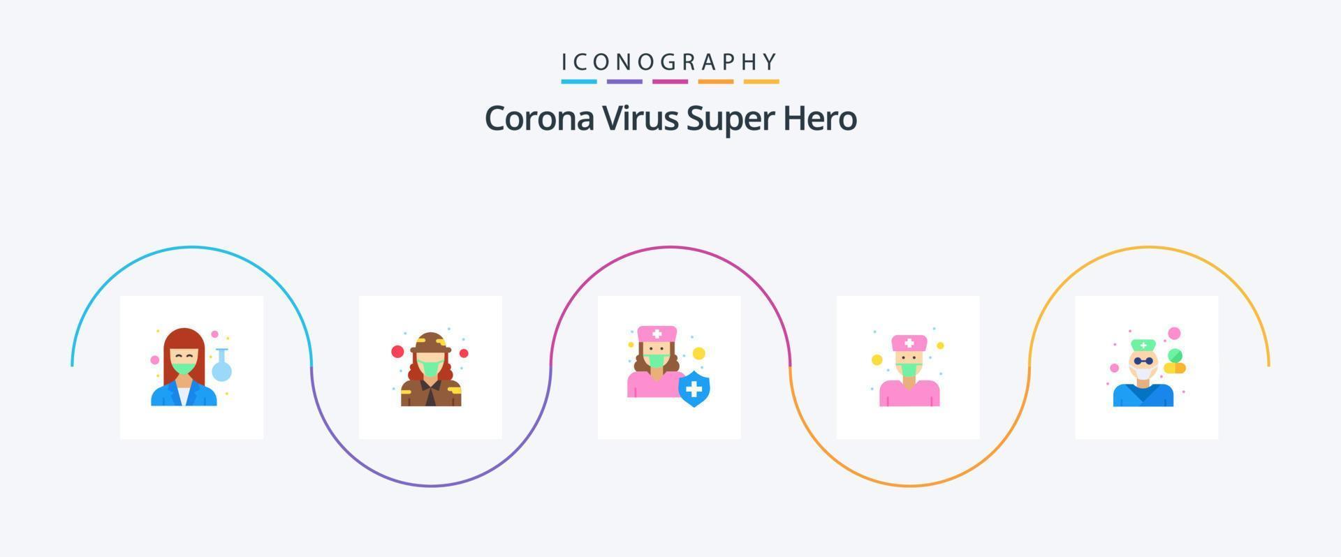 pacote de ícones plana 5 do super-herói do vírus corona, incluindo médico. doutor. fêmea. escudo. medicina vetor