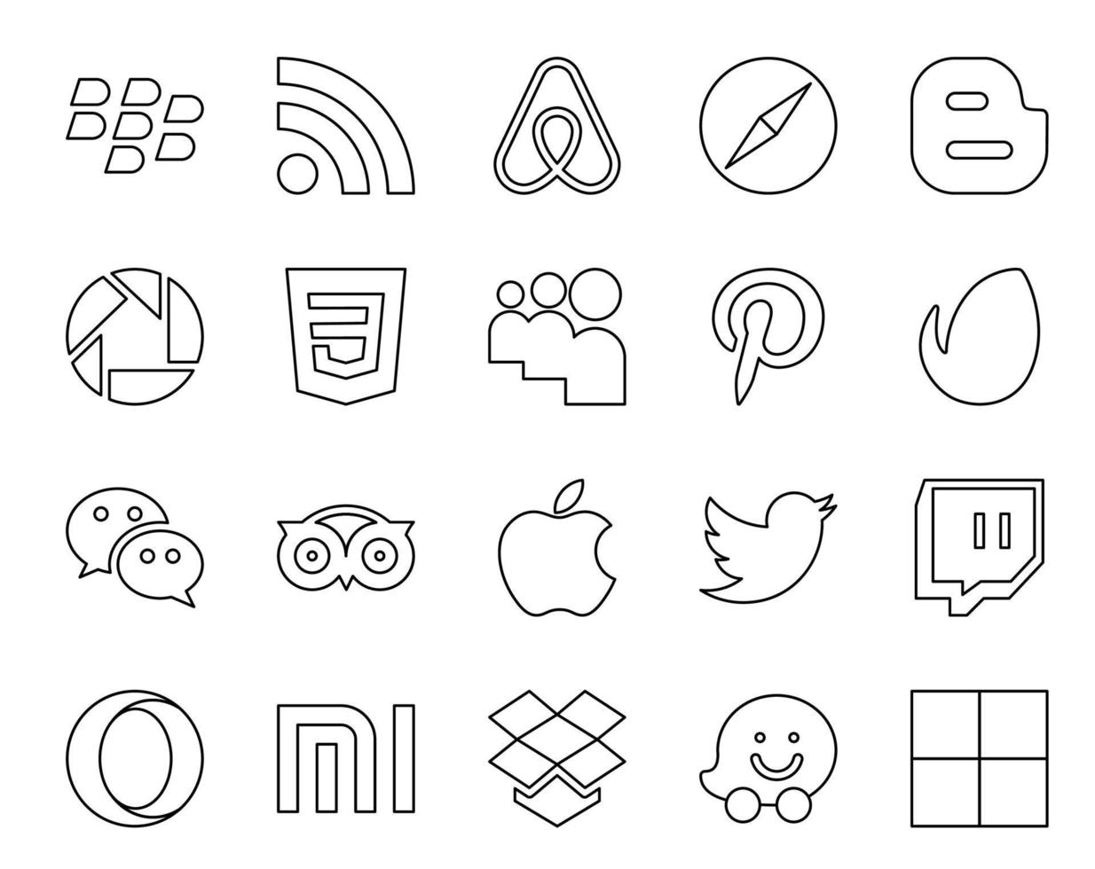 20 pacotes de ícones de mídia social, incluindo tweet apple myspace travel messenger vetor
