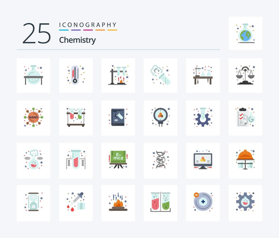 química 25 pacote de ícones de cores planas, incluindo lâmpada. frasco. Ciência. experimentar. laboratório vetor