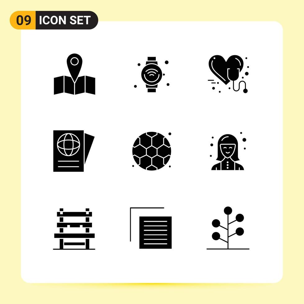 grupo de símbolos de ícone universal de 9 glifos sólidos modernos de volta às aulas, cuidados de viagem, passaporte, coração, elementos de design de vetores editáveis