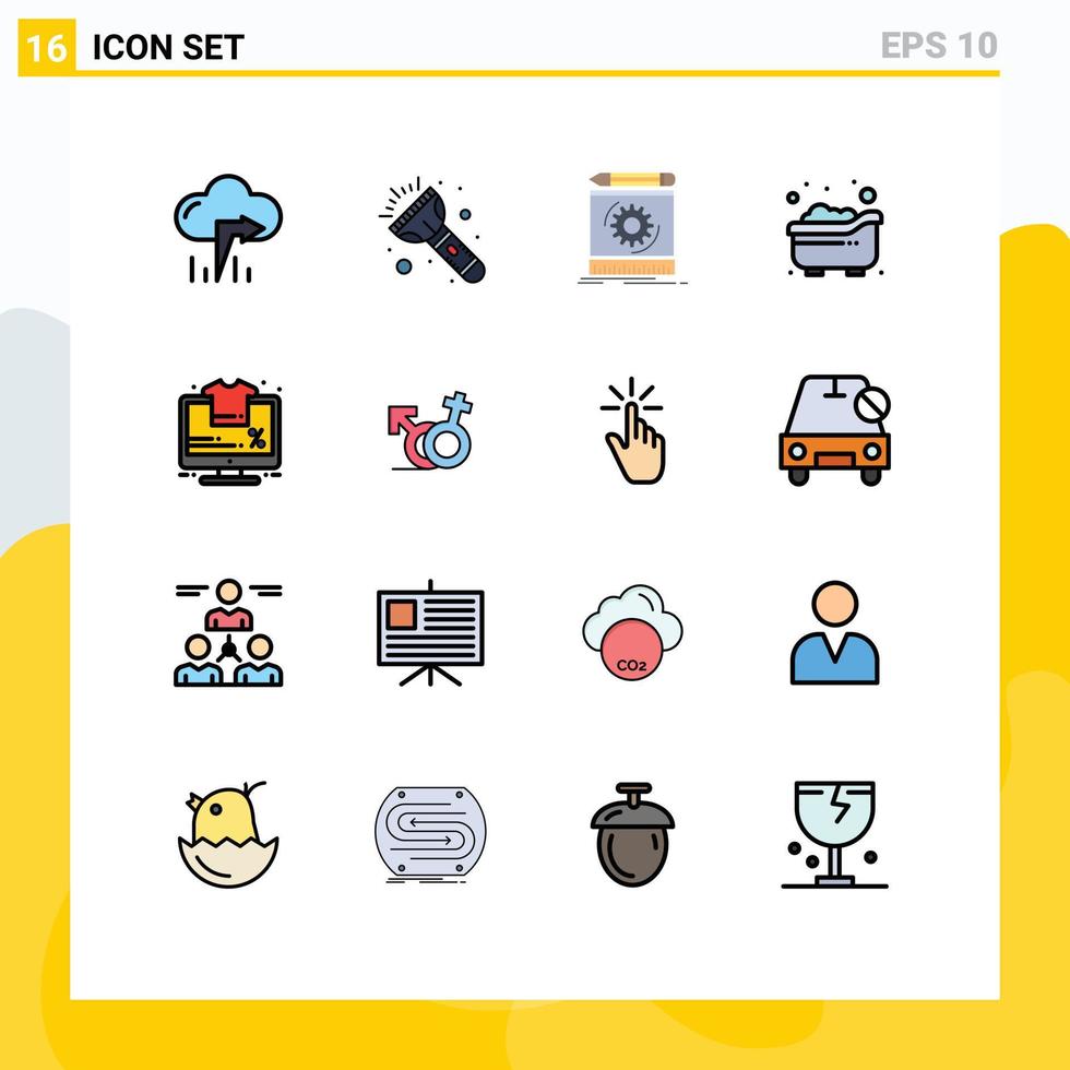grupo de símbolos de ícone universal de 16 linhas preenchidas de cores planas modernas de processo de monitor de porcentagem banho infantil elementos de design de vetores criativos editáveis