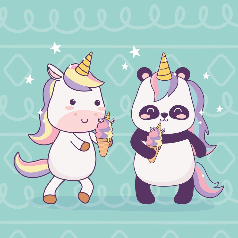 unicórnio kawaii e panda com fantasia mágica de personagem de desenho animado de sorvete vetor