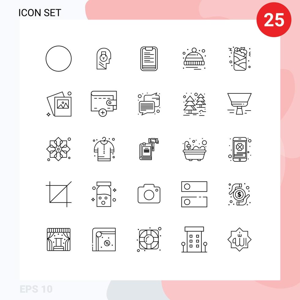 Pacote de linha de interface de usuário 25 de sinais e símbolos modernos de fast food pode texto venda chapéu elementos de design de vetores editáveis