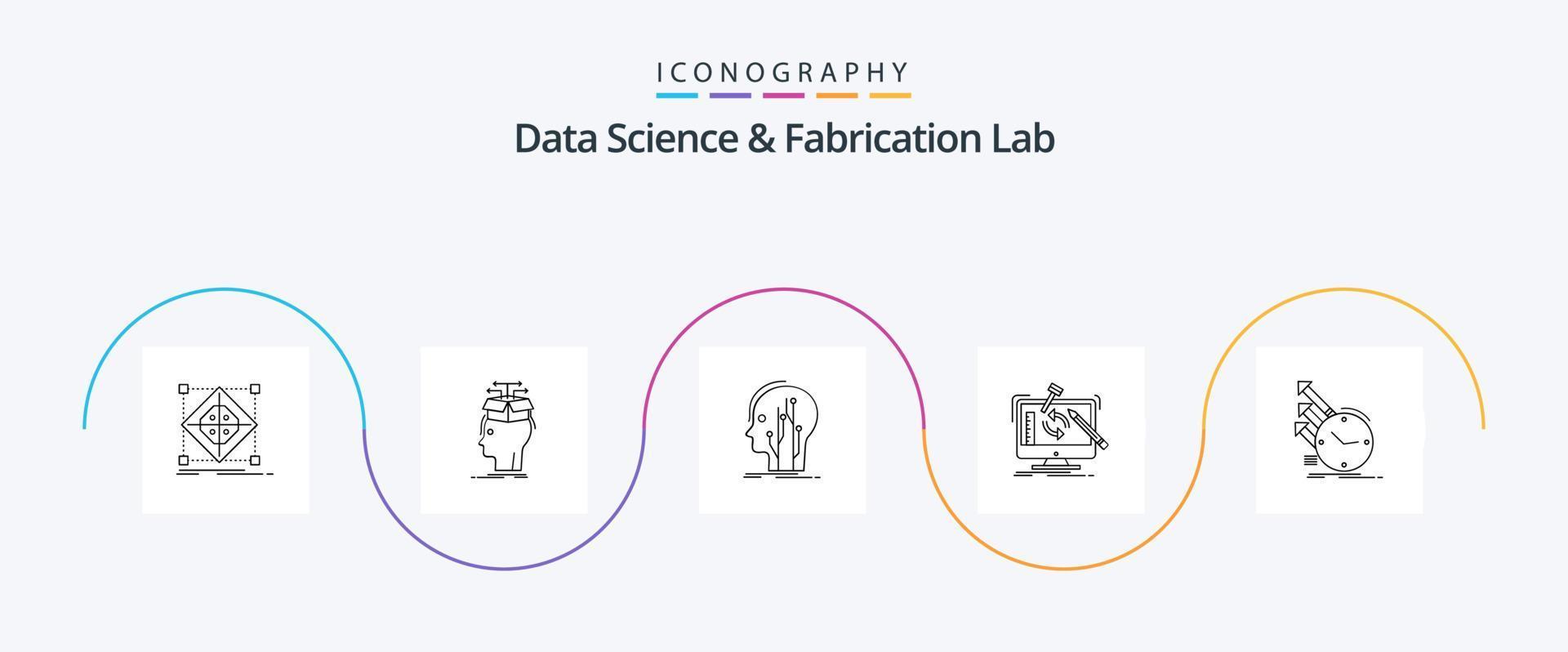 pacote de ícones da linha 5 do laboratório de ciência e fabricação de dados, incluindo ferramentas. Engenharia. conhecimento. rede. humano vetor