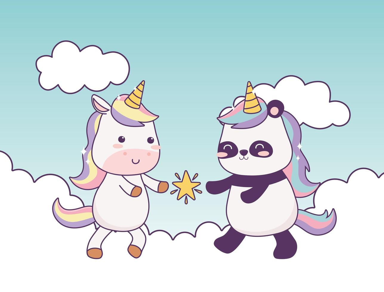 unicórnio kawaii e panda com estrela nas nuvens personagem de desenho animado fantasia mágica vetor