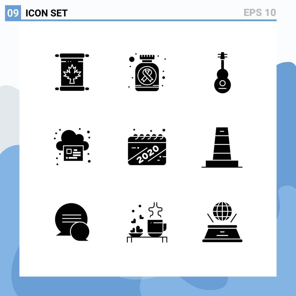 grupo de 9 glifos sólidos modernos definidos para página de áudio de impressão de calendário elementos de design de vetores editáveis de violino
