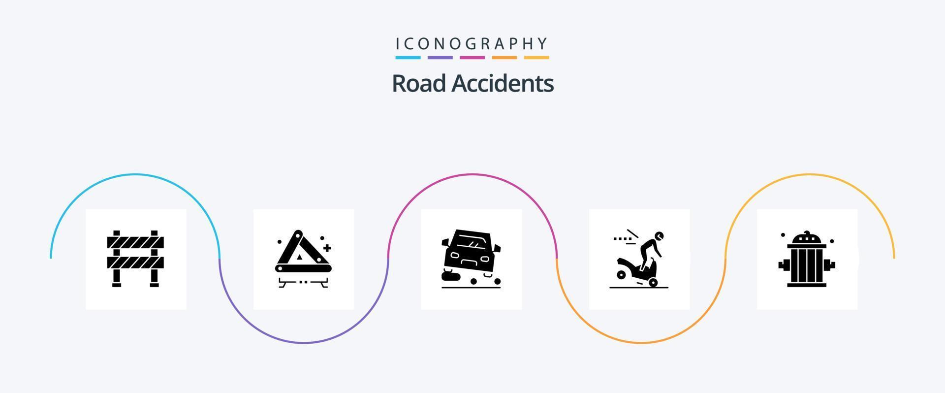 pacote de ícones de glifo 5 de acidentes rodoviários, incluindo bombeiro. moto. o sinal. perigo. geléia vetor