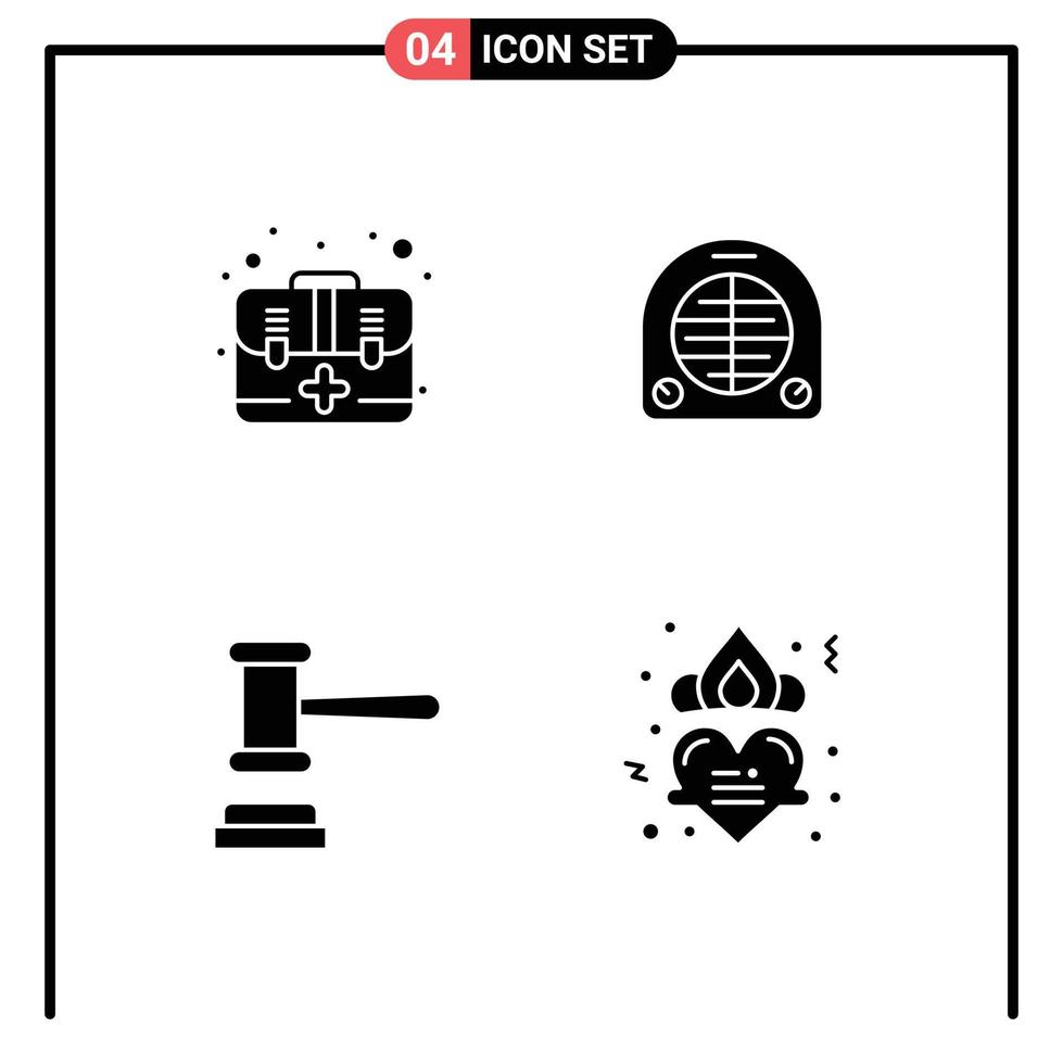 conjunto moderno de pictograma de 4 glifos sólidos de kit de tribunal de ajuda, ordem de aquecimento, elementos de design de vetores editáveis