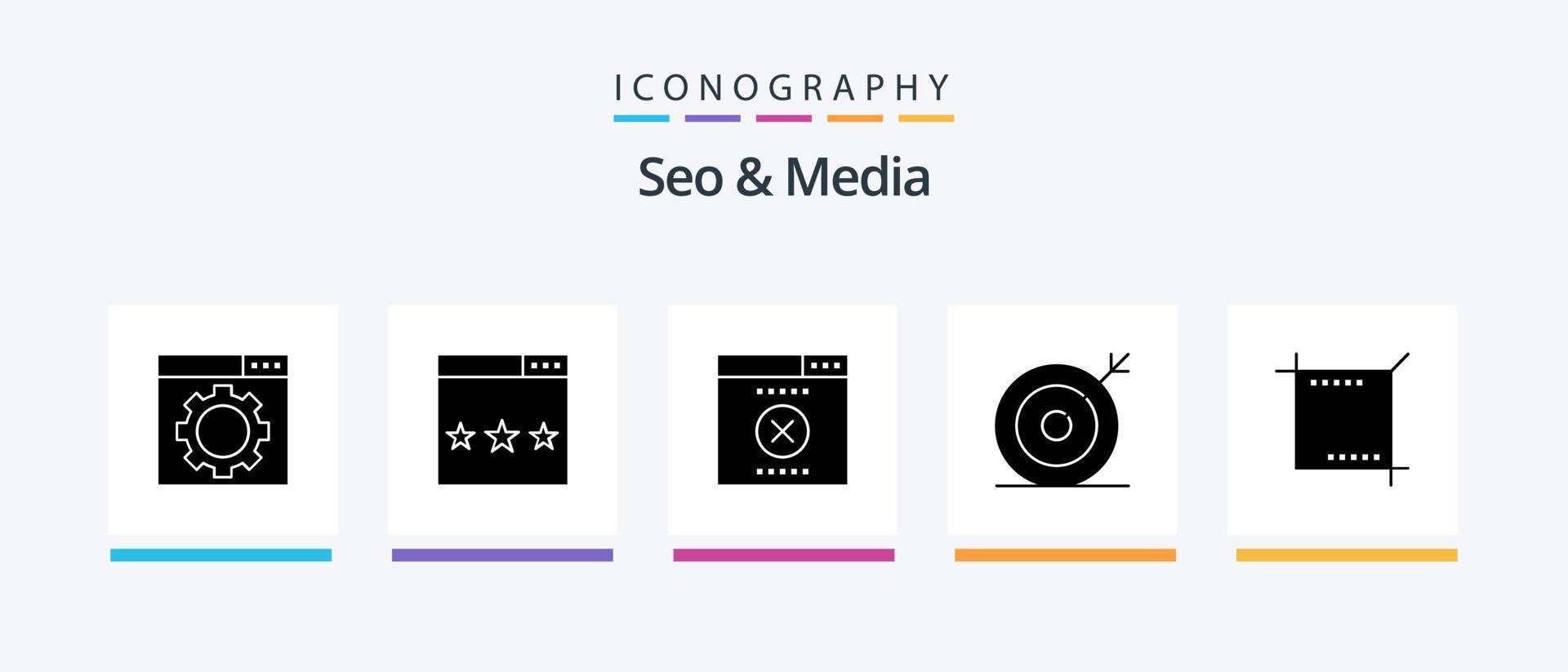 pacote de ícones seo e media glyph 5, incluindo mídia. seo. erro. procurar. meios de comunicação. design de ícones criativos vetor